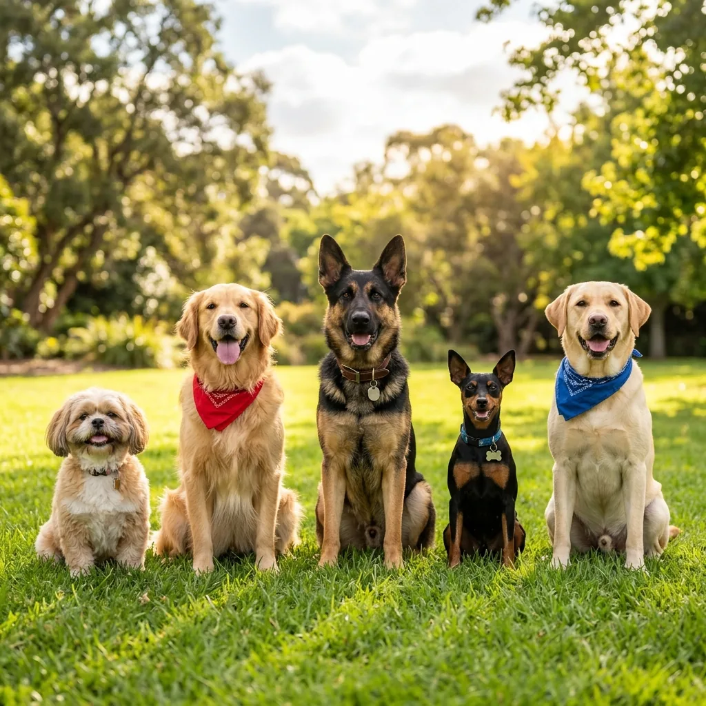 Diversas raças de cães felizes e obedientes lado a lado