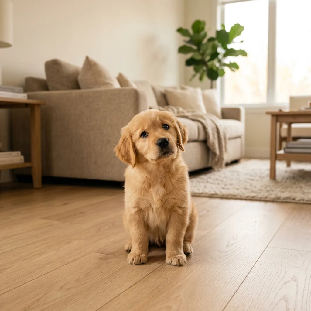 Filhote de cachorro fofo olhando com expressão culpada