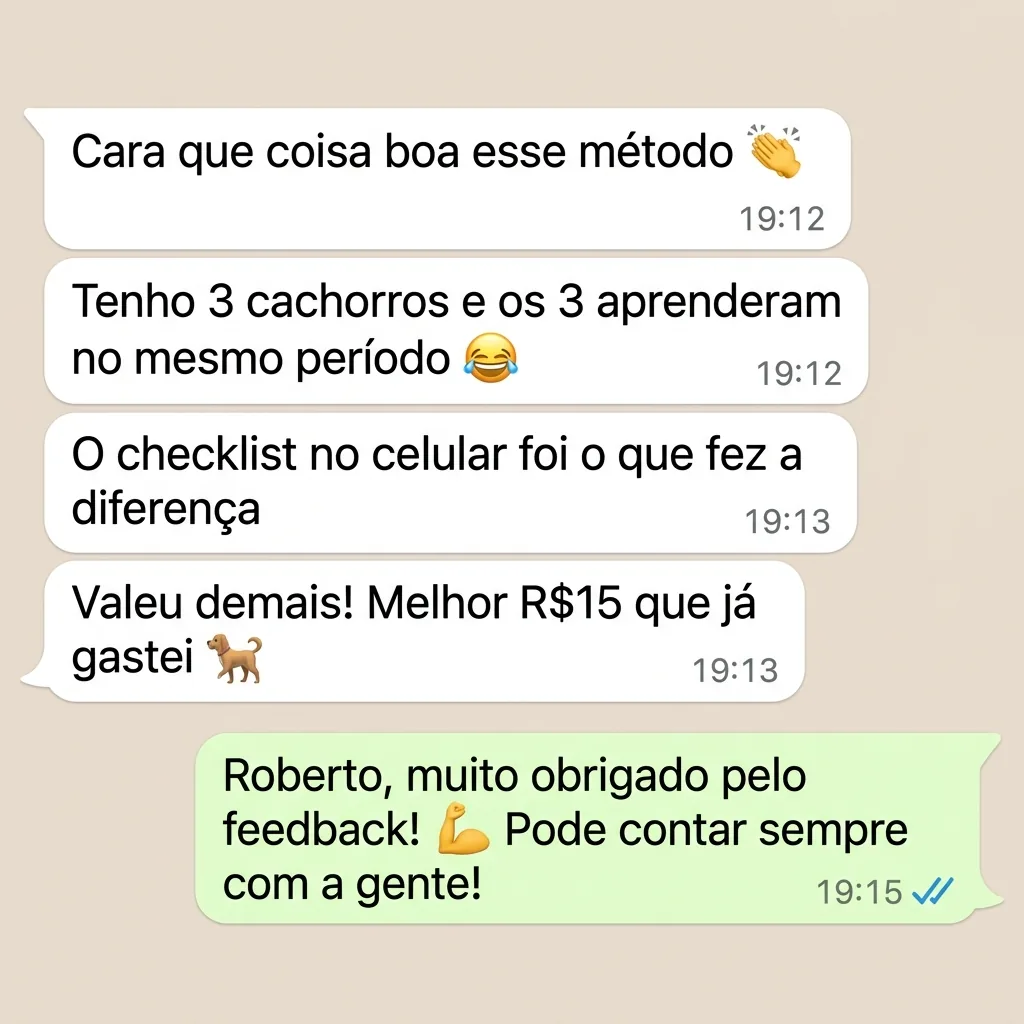 Print WhatsApp: cliente contando que 3 cachorros aprenderam